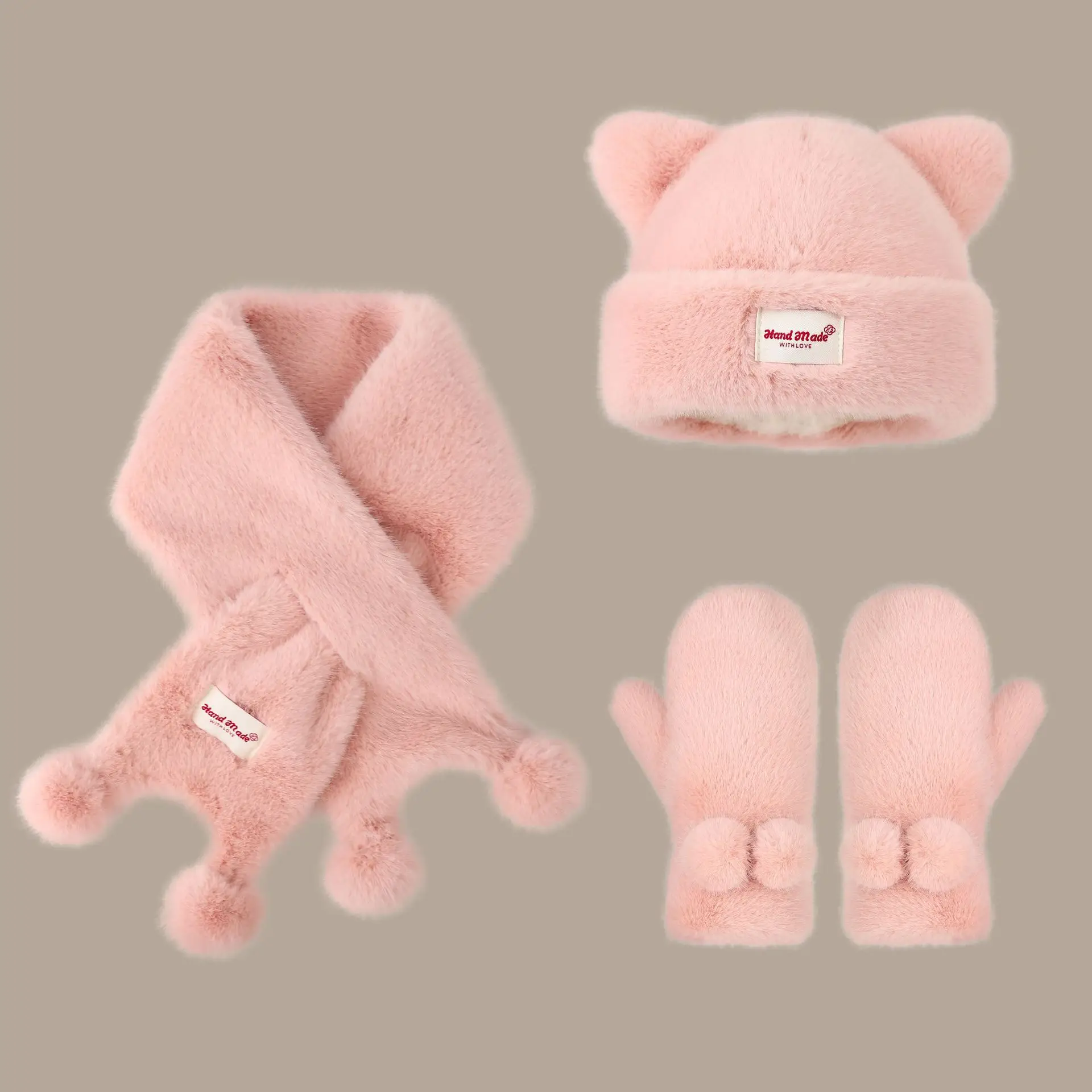 Plush 3-Piece Set: Warm Mid-Length Scarf, Hat, and Mittens – Unique Autumn/Winter Design