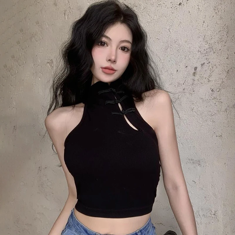 New Chinese Style Button Tank Tops Sleeveless Sexy Crop Tops Stand Collar Elegant Cheongsam Style Women Clothes with Bra Pad