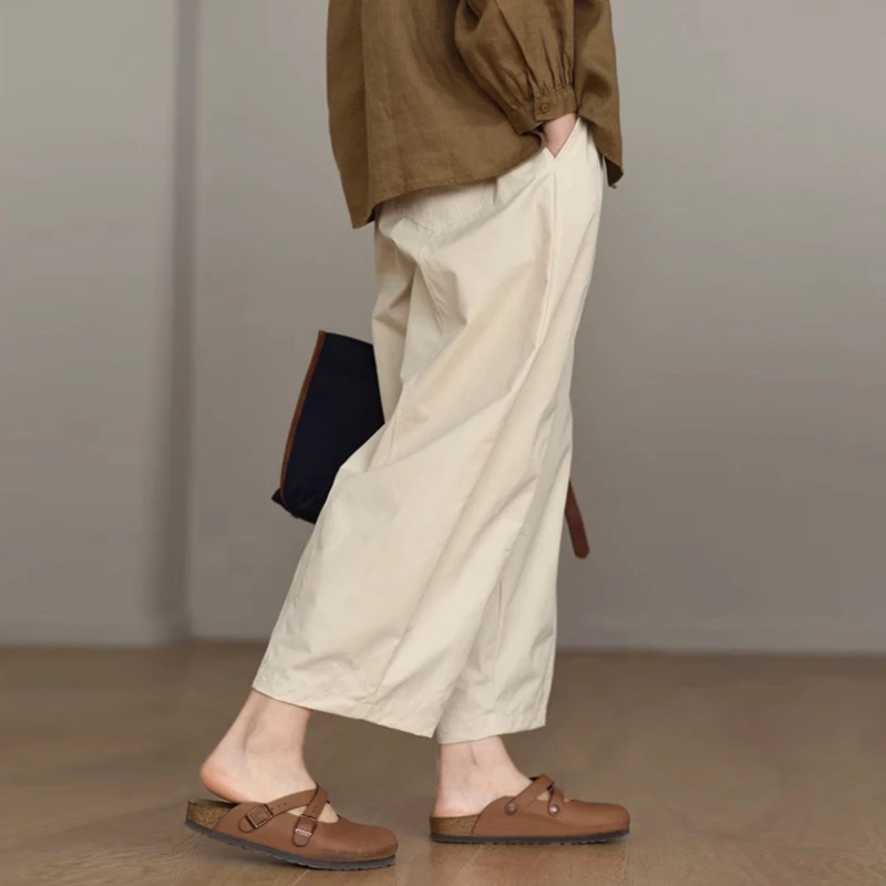 Japanese Style Artistic Pure Cotton Wide Leg Pants Women's Summer Elastic Waist plus Size Conceal Flawiness Casual Commute Pants