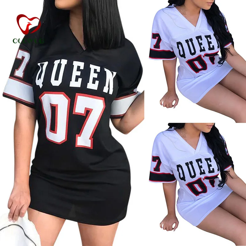 T Shirt Kleid Frauen Kurze Kleid Hüfte Hop Königin Gedruckt Lange T Shirt Lose V-ausschnitt Sexy Mini Kleid Robe camiseta Vestidos