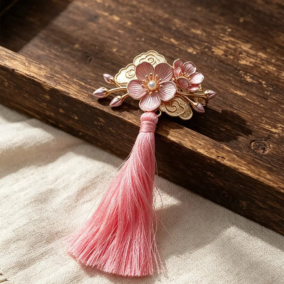 New Chinese Style Apricot Blossom Pink Tassel Brooch Lapel Pin Faux Pearl Lucky Blessing Cheongsam Collar Exam Good Luck Gift