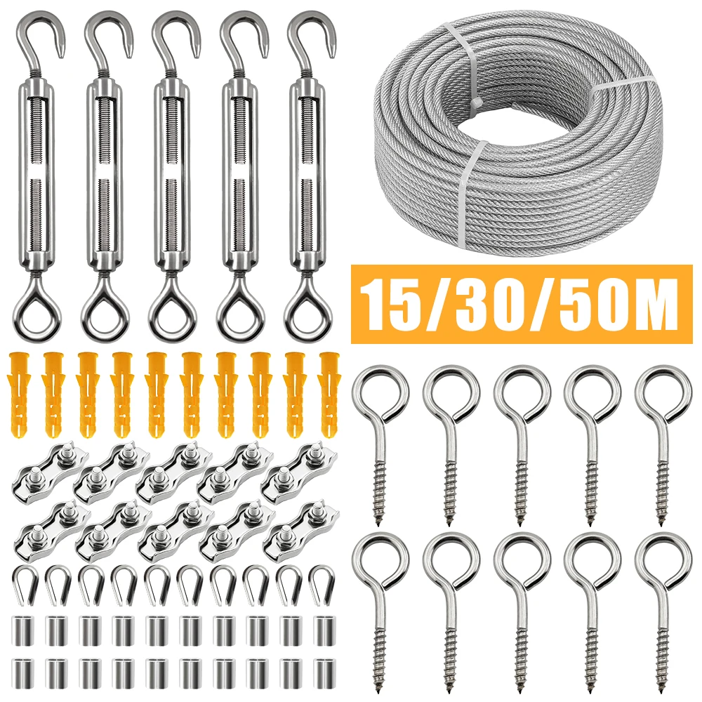 15/30/50M Stainless Steel Wire Rope PVC Coated Guardrail Safety Rope Clothesline Canopy Suspension 3mm Kit 66 Piece Set