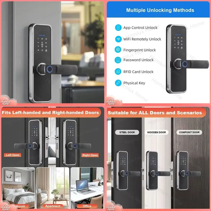 Smart WiFi Door Lock with Advanced Encryption Automatic Locking Keyless Entry Fingerprint Recognition Keypad Remote