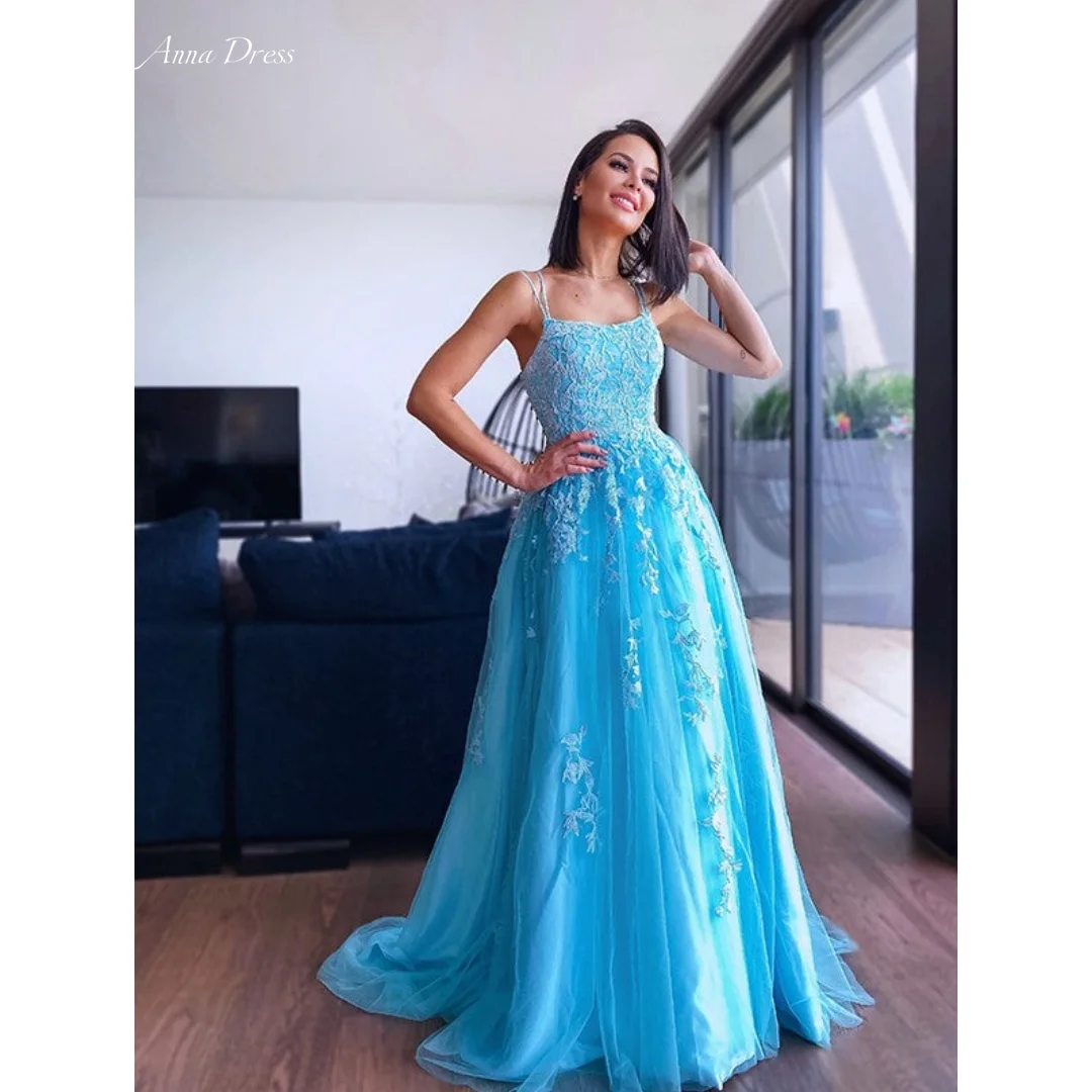 

Anna Spaghetti Straps Prom Dresses for Special Occasions Line A Tulle Wedding Party Dress Applique Ground Length Custom Made