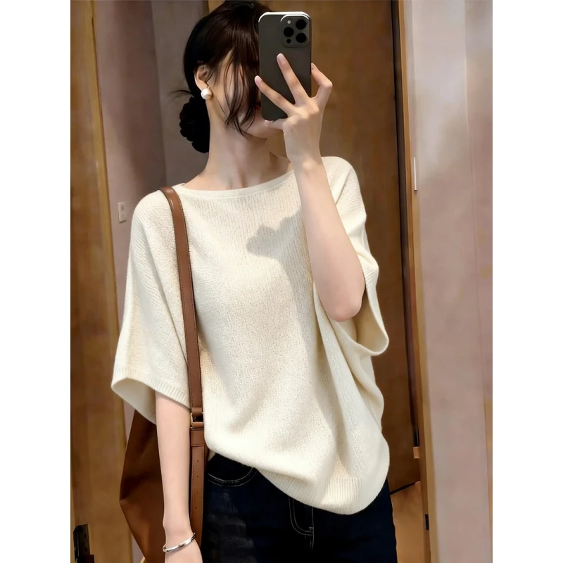 Loose Knitted Half Sleeve T-Shirt in Beige Color Beautiful And Slimming Korean Style Casual Wear for Ladies Summer New Arrivals