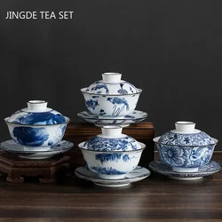 Chinese Vintage Blue and White Porcelain Gaiwan Handmade Ceramic Tea Bowl Teacup Home Teaware Tea Ceremony Personal Cup