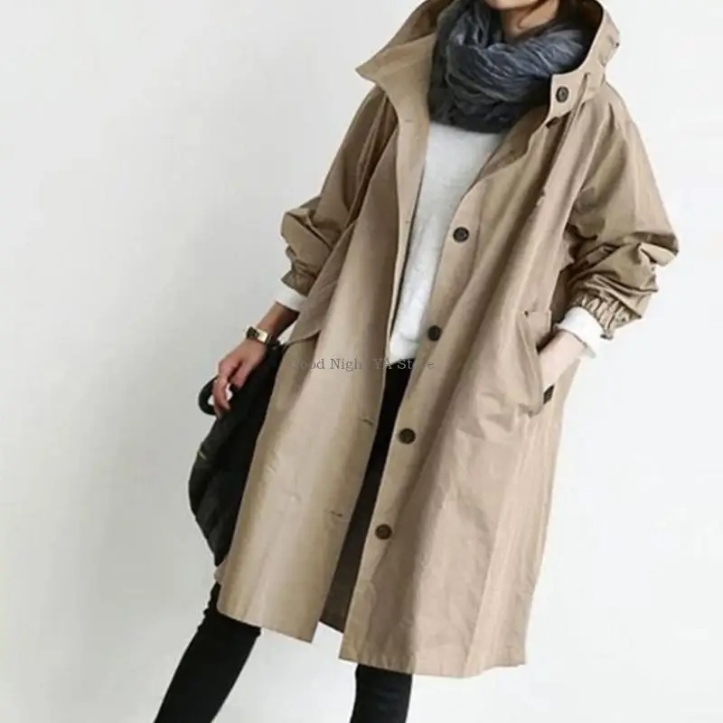 Womens Autumn Single Breasted Long Trench Color Hooded Windbreaker