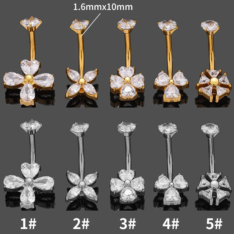 Zircon Curved Flower Belly Button Ring 14G Sexy Body Navel Piercing Nombril for Women Stainless Steel Belly Rings