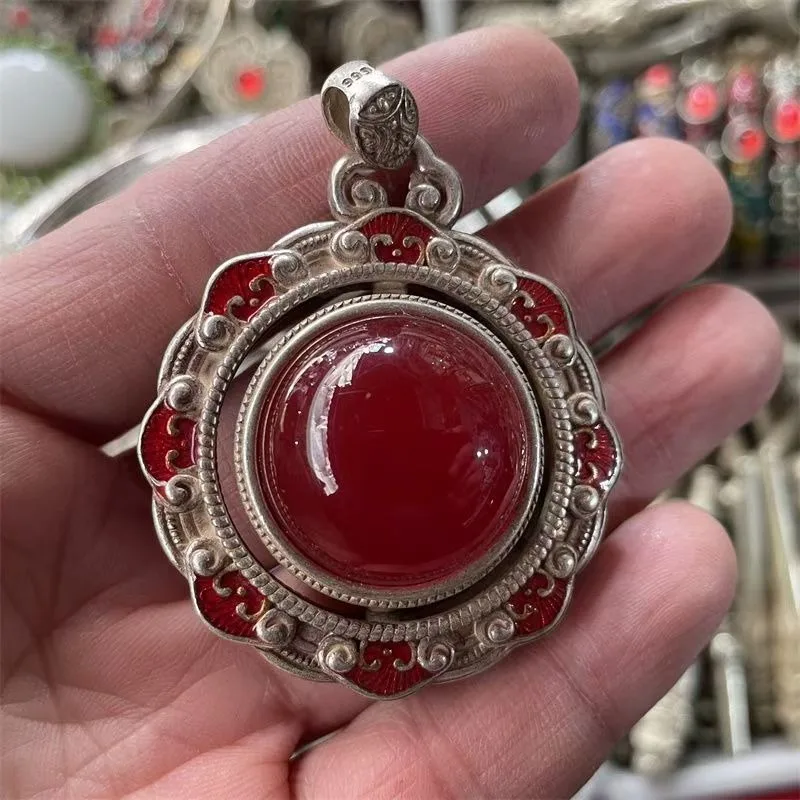 Vintage Silver Pendant Inlaid Green Transfer Bead Oval Emerald White Jade Hanging Jewelry