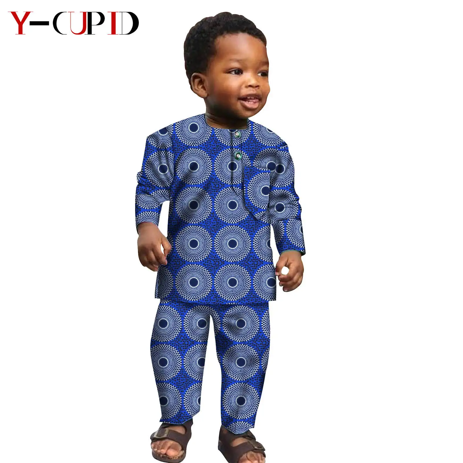 African Clothes for Kids Boys Akara Print Boy Shirt Top and Pants Sets Bazin Riche Children Clothing 2 Pieces Sets S204022