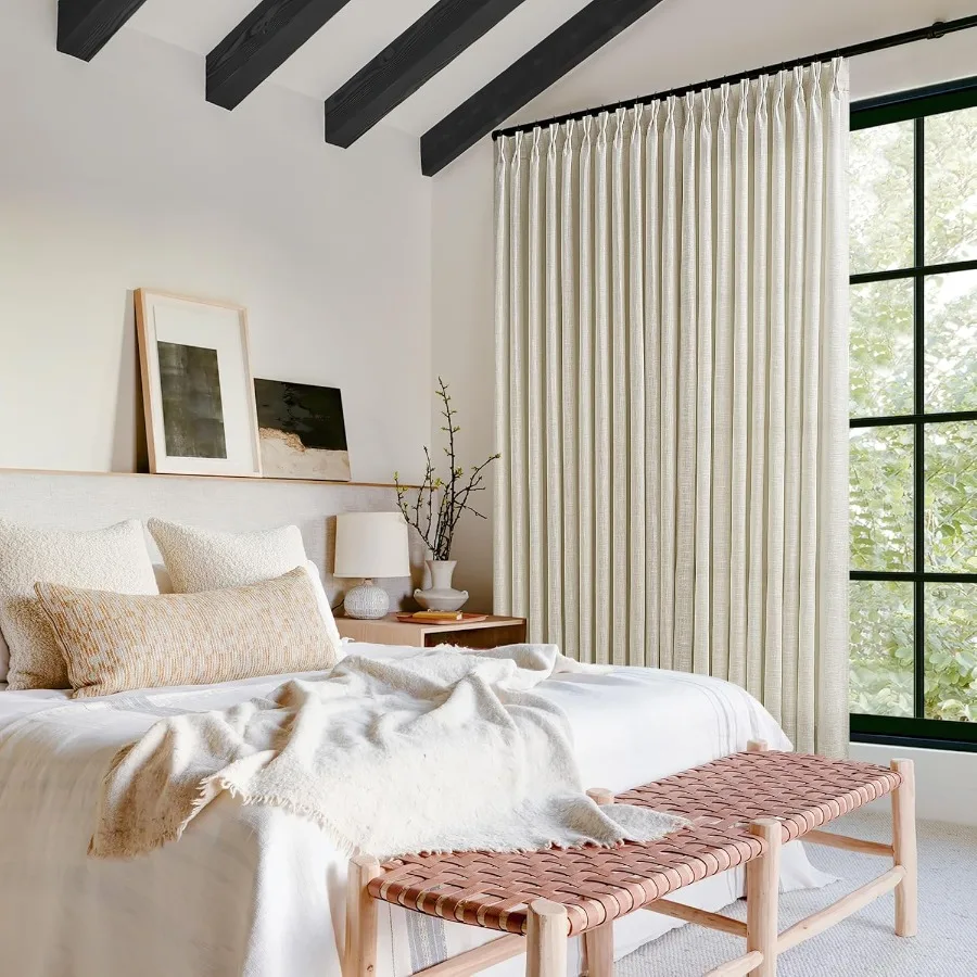 Cortinas largas de 100 pulgadas de ancho y 102 pulgadas, cortinas de lino plisadas Extra anchas para sala de estar, filtrado de luz de avena beige tostado P