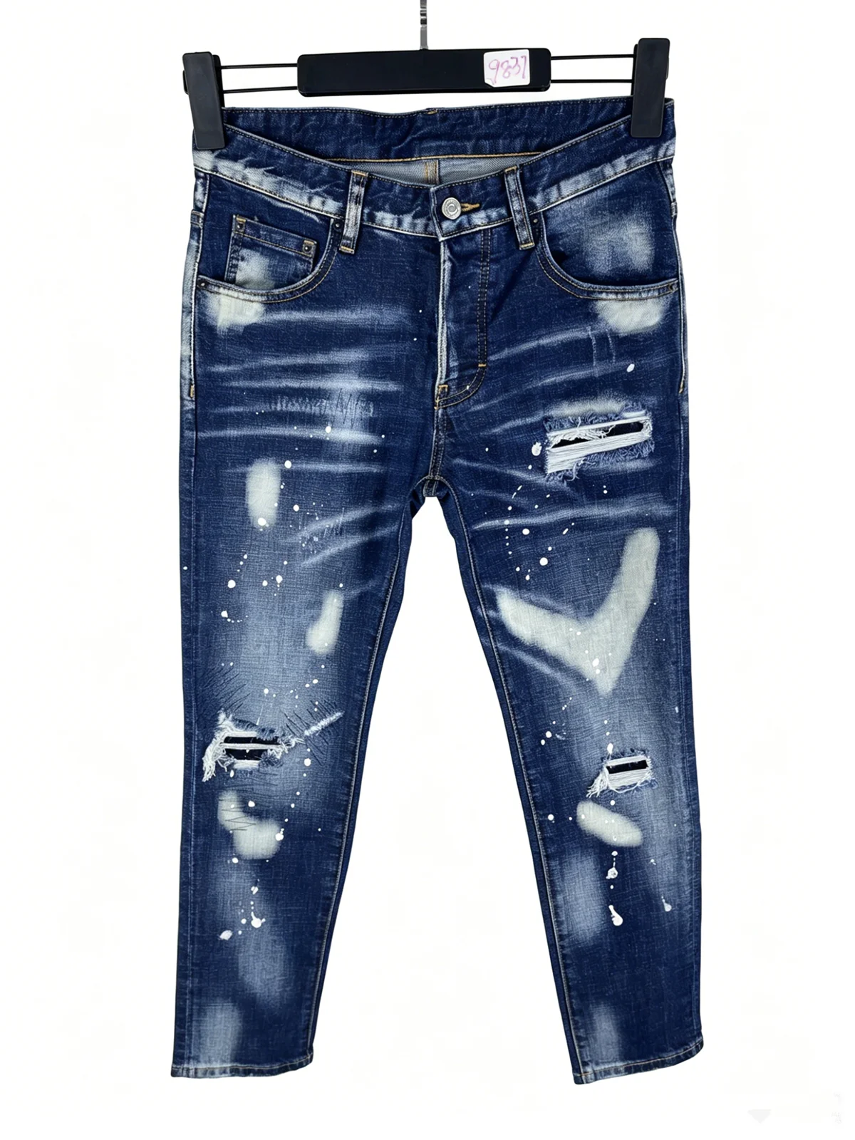 

9837 Four Seasons New Men's Wear Washed Ripped Patch Paint Slim-fit Feet Blue Jeans for Men