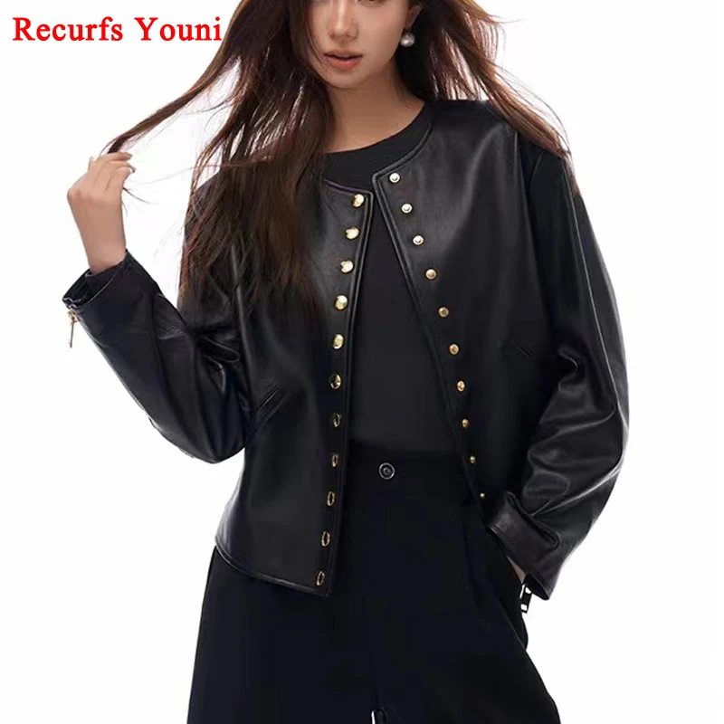 Autumn/Winter 2024 Leather Jackets for Women Branded New Single Breasted Round Neck Curved Hem Casual Coat Mujer Bomber Jaqueta