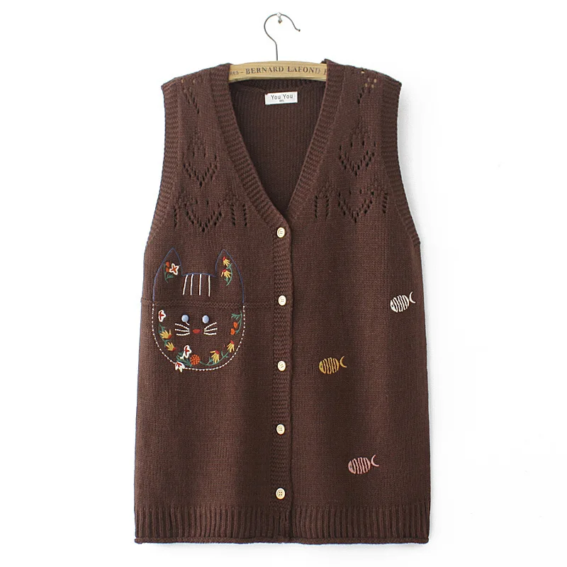 Casual Sweater Vest Embroidered Cat Knit Jumpers Plus Size Women Clothing Autumn Winter Hollow Out Cardigans E2 3022