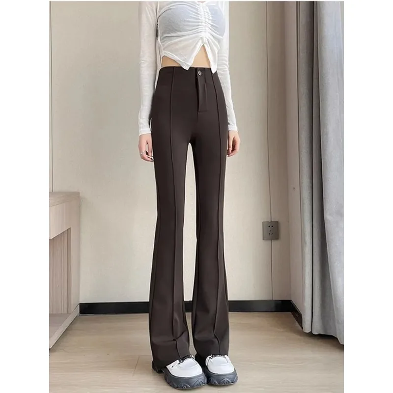 

Womens Cream High Waist Flared Pants Slim Fit Side Stitch Casual Trousers
