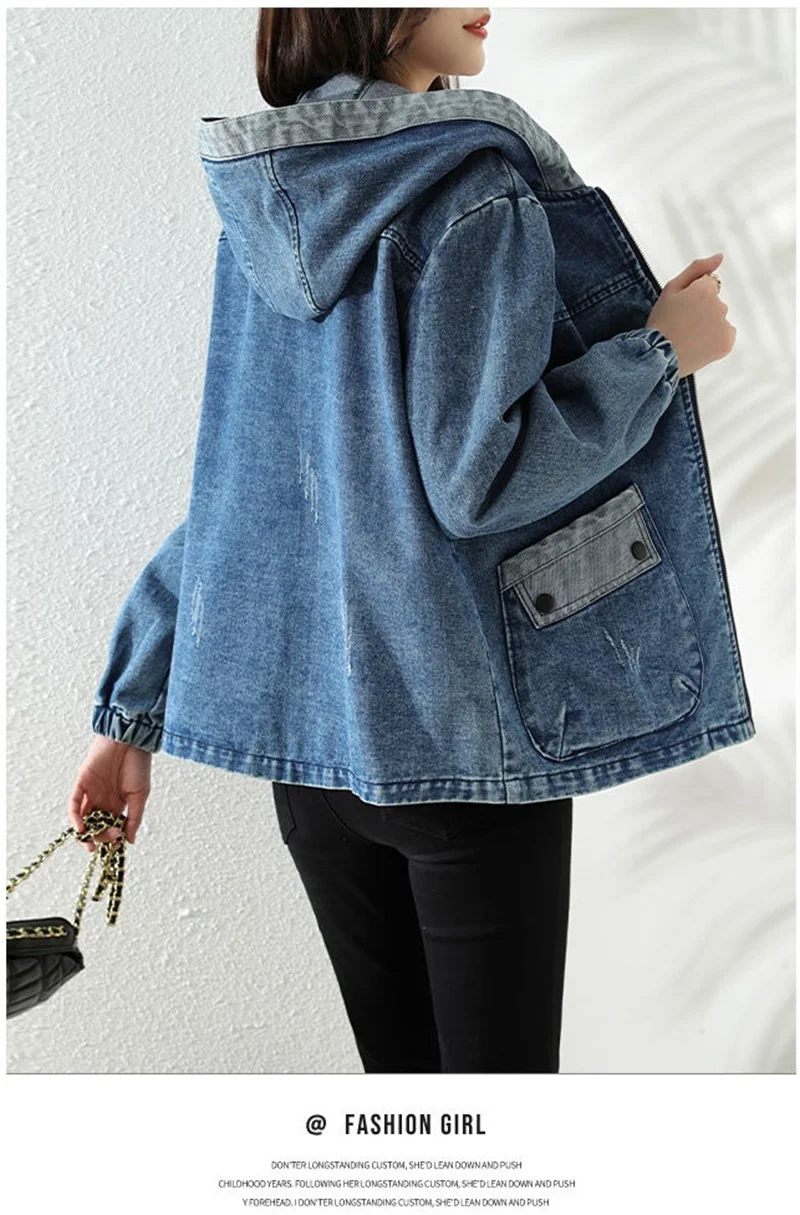 Women Denim Jacket New Spring Autumn Long Sleeve Tops Female Casual Hooded Jeans Jackets Women Big pocket Cowgirl Outerwear