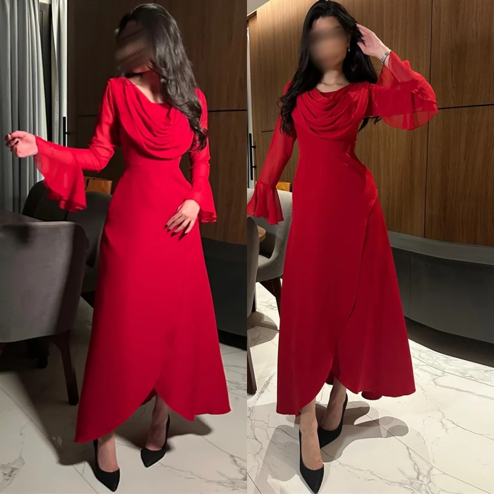 

Customized Delicate Jersey Evening Dress Exquisite Long Sleeves Prom Dresses Modern O-Neck Flare Sleeves Special Occasion Gowns