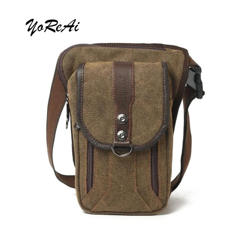

YoReAi Men's Canvas Retro Waist Belt Pack Casual Wear-resistant Sports Leg Bags Shoulder Messenger Motorcycle Bag Crossbody Pack