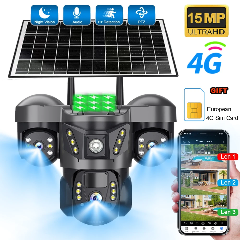 

Solar Power 4G Camera With Europe Sim Card Triple Lens Three Screens Outdoor Waterproof Battery CCTV Security V380 Video Camaras