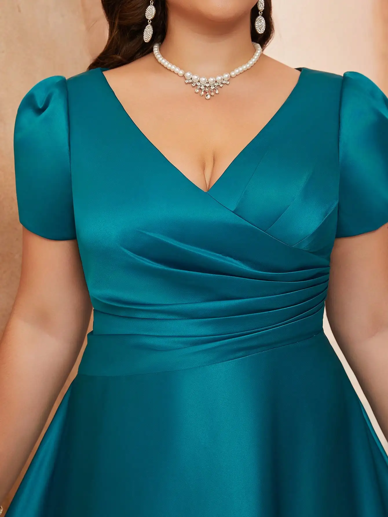 Mgiacy New Arrival V neck  Solid Color Bridesmaid Dress Ruched Puff sleeve Satin Long dress