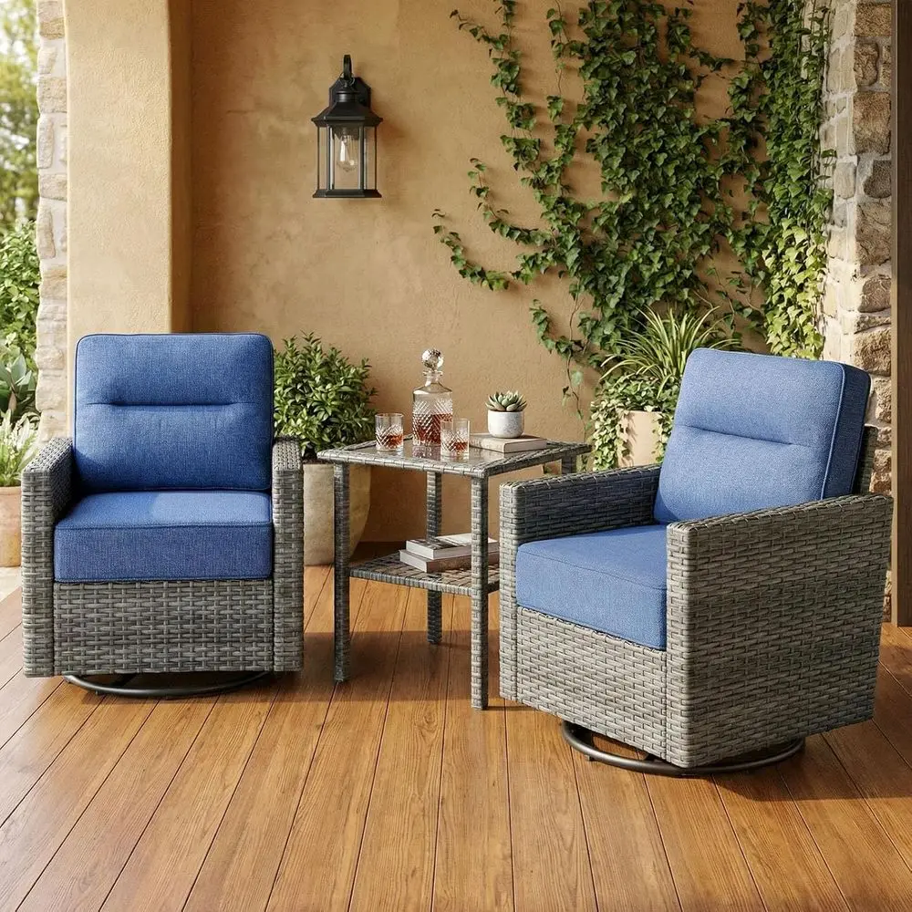 

Элегантный комплект садовой мебели из 3 предметов с 6 толстыми подушками, вращающимися креслами-качалками, идеально подходит для террасы, балкона, двора, синего цвета.