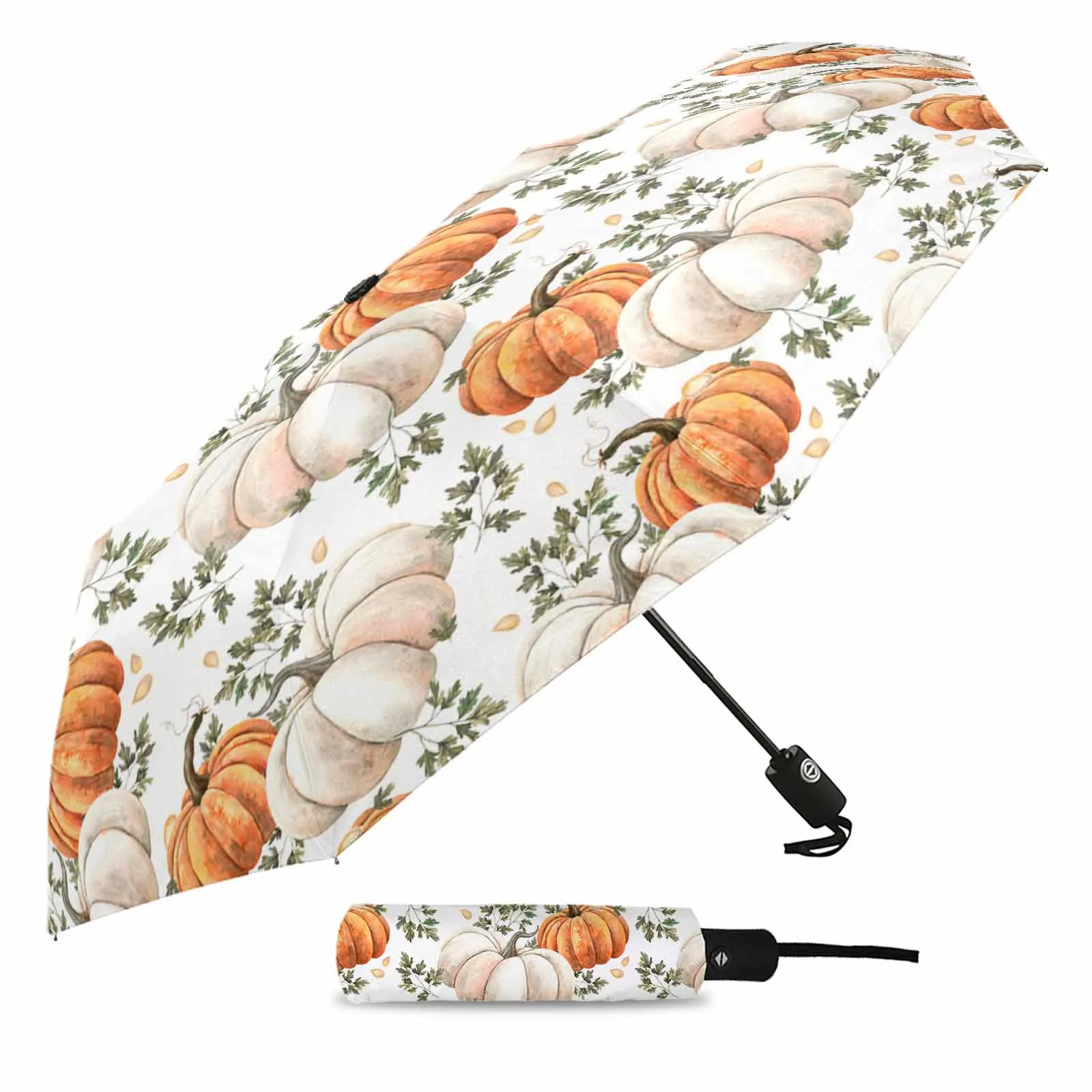 Fall Pumpkin Vines Texture Automatic Umbrella Portable Folding Sunny and Rainy Umbrella Women Parasol Umbrella