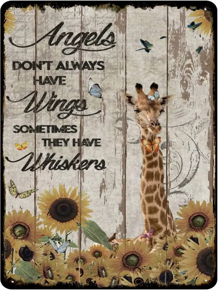 Angels Don't Always Have Wings Sometimes They Have Whiskers Vintage Tin Sign Giraffe Lovers Gift Animal Wall Art Cafes  sign