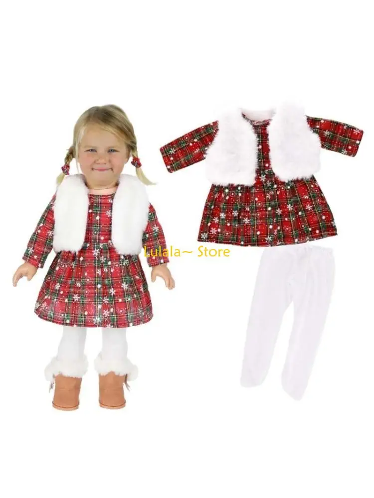Y4QA Practical Christmas Themed Doll Clothes for 16 18 Inch Dolls Features Dresses Hat and Shawl Accessory for Festival Play