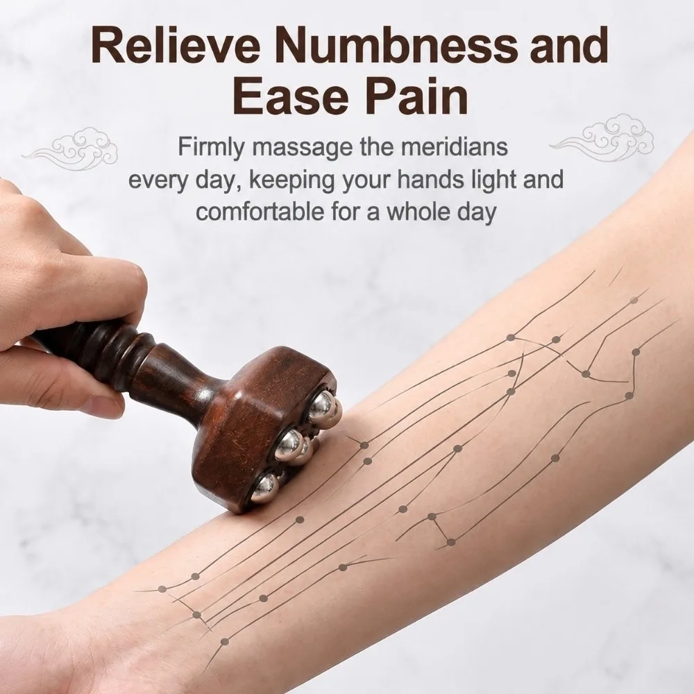 Wood Massage Roller Hand Grip Handle Metal Ball Roller Gua Sha Tool Polished Surface Multi ball Head Body Massager For Abdomen