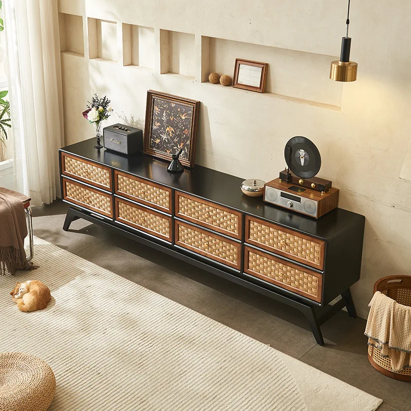 

Retro silent wind rattan solid wood TV cabinet small apartment storage cabinet living room medieval homestay hotel storage cabin