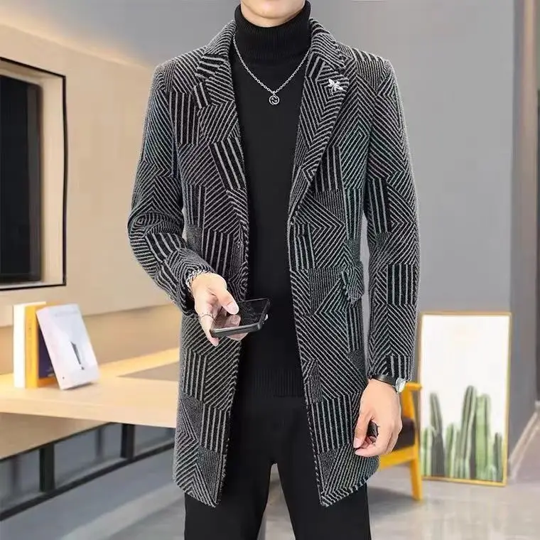 

Faionable Urban Men's Mid-Length Woolen Coat Autumn Winter Sle Slim Fit Ele Trendy Versatile Single Button Closure