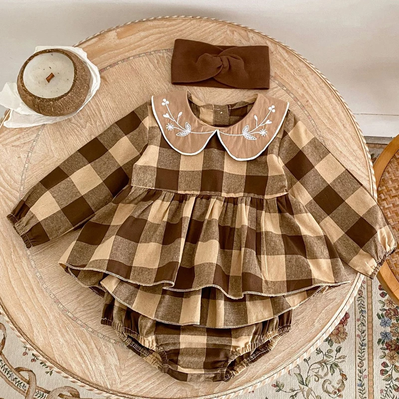 Autumn new baby clothing, 0-5 year old female baby, doll collar embroidered checkered top+skirt skirt wrapped pants 2-piece set