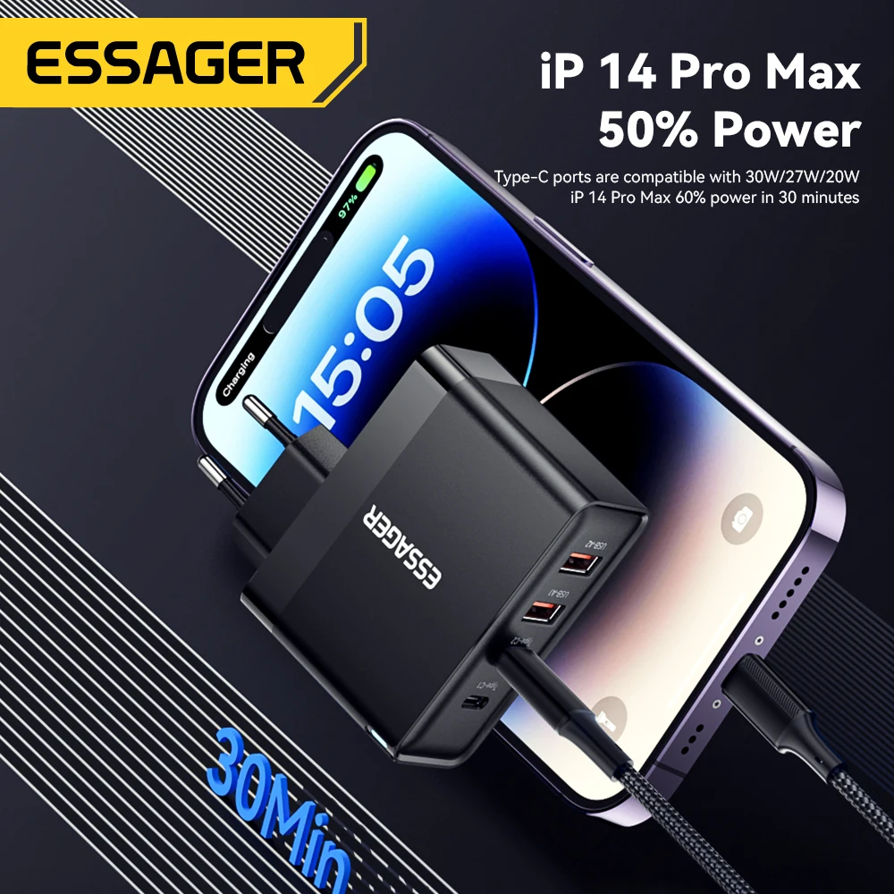 ESSAGER GaN Charger 100W USB Type C PD Fast Charger with Quick Charge 4.0 3.0 USB Phone Charger For MacBook Laptop iPhone 15 14