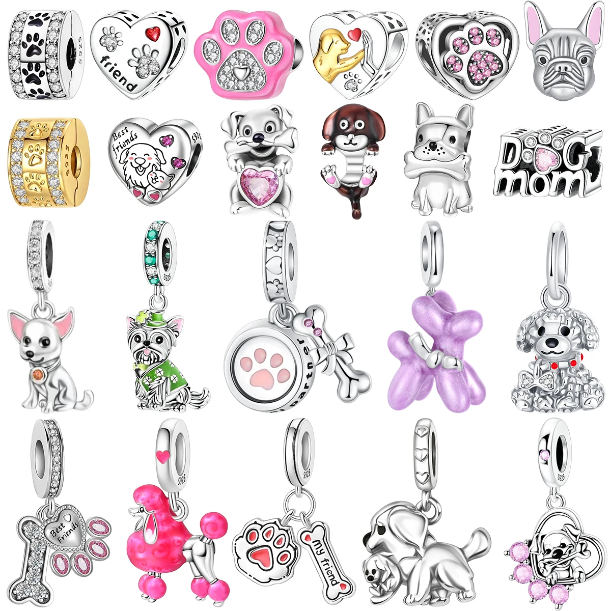 925 Silver Cute Pet Dog Lover Paw Print Bone Heart Poodle French Bulldog Teddy Yorkshire Terrier Charms Bead Fit Bracelet Gift