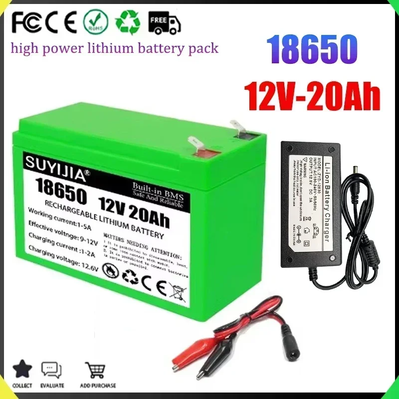 18650 12V 20Ah Lithium Battery Pack with Built-in30A BMS Suitable for Solar Electric Vehicles Outdoor Camping Lighting Batteries