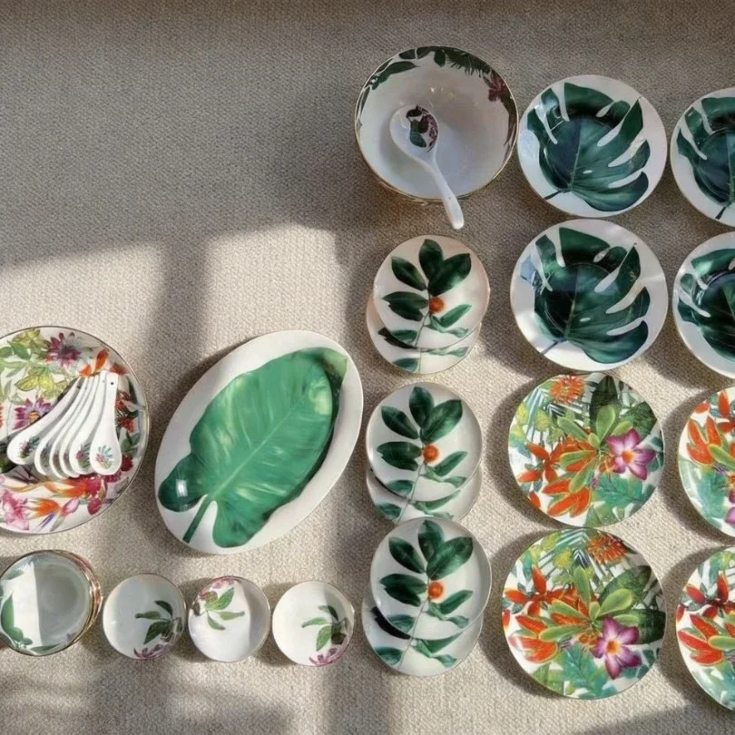 European Style Luxury Tropical Rainforest Series Bowl, Plate, Plate, Spoon Combination Tableware Set, 36 Head 6-person Set