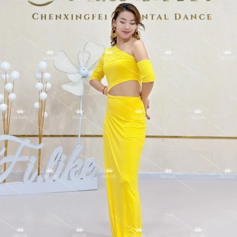 تخصيص Swegal فستان رقص البطن ممارسة رداء فستان رقص شرقي أصفر مشروط النسيج تنورة وسط caderines danza arabe