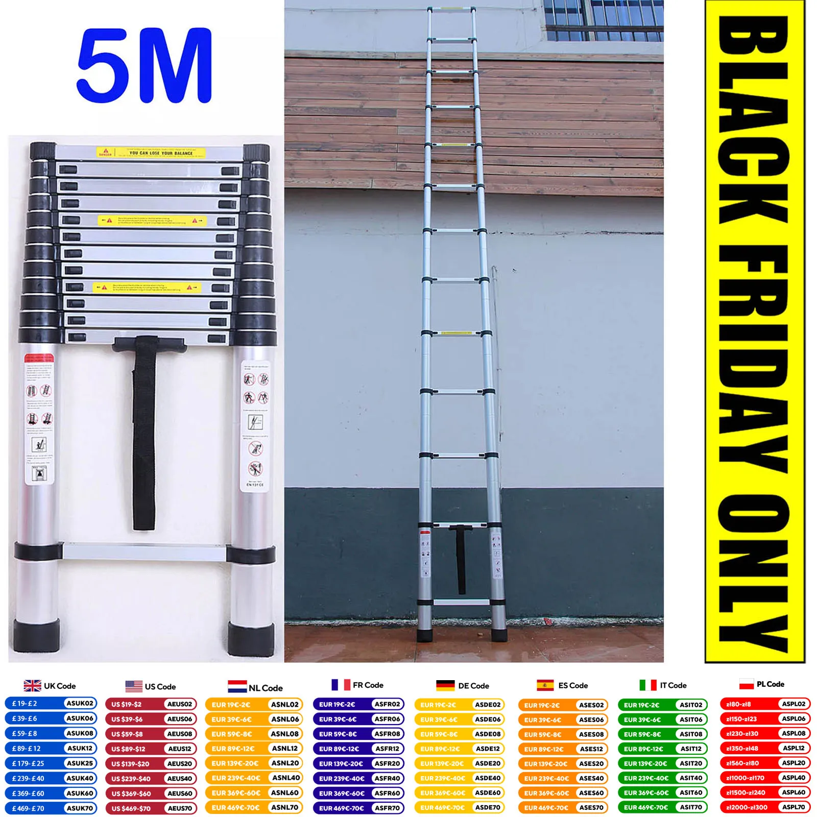 DayPlus 5M Telescopicบันได 16.4ftอลูมิเนียมอเนกประสงค์น้ําหนักเบาพับบันไดลื่นขยายทนทานHome Loftเครื่องมือ