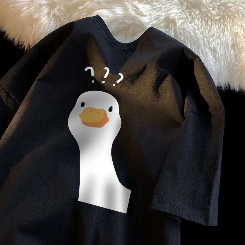 كارتون بطة طباعة مع علامة استفهام الصيف قصيرة الأكمام تي شيرت المرأة Ins الاتجاه 2025 جديد فضفاض تنوعا ريترو #1