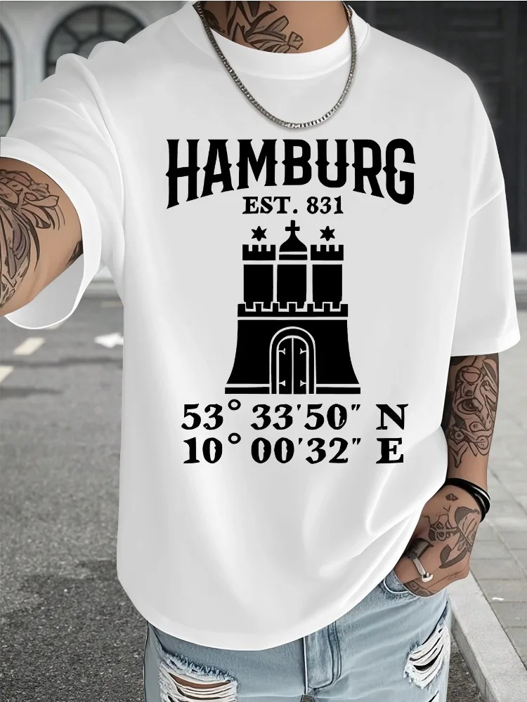 Mens Navy Crew Neck Short Sleeve T Shirt Hamburg City Castle Coordinate Print Vintage Casual Travel Daily Tops For Adult Male