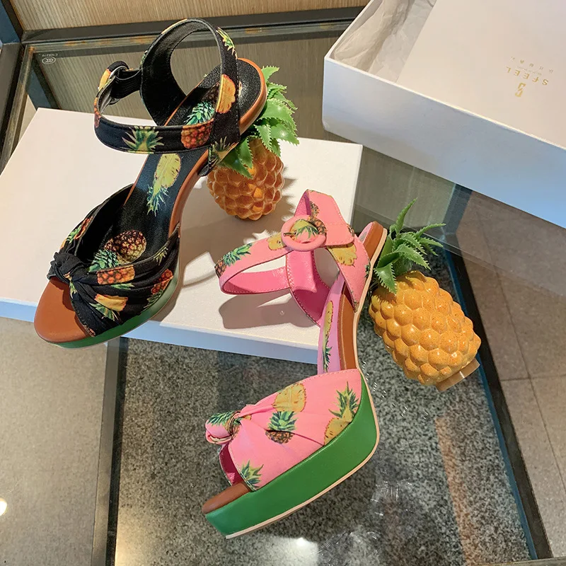 

New Printed Large Size Fishbill Shoes Water Table Super High Heeled Ankle Buckle Strap Pineapple Heel Women's Roman Sandal Trend