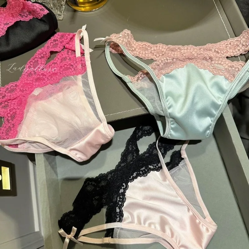 

"summer" Is Always Hot Rose Pink Spice Pure Desire Lace Edge Bow Sexy Satin Triangle Panties Comfortable Ladylike Simplicity