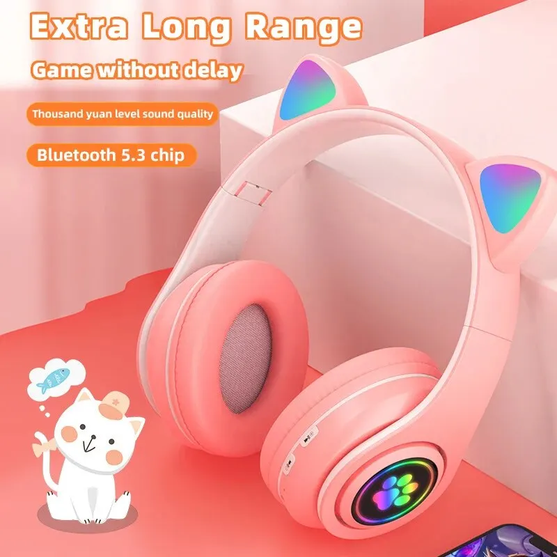 B39M Cute Cat Ears Bluetooth Wireless Earphones with Microphone and Flash LED Stereo Music Helmet Foldable