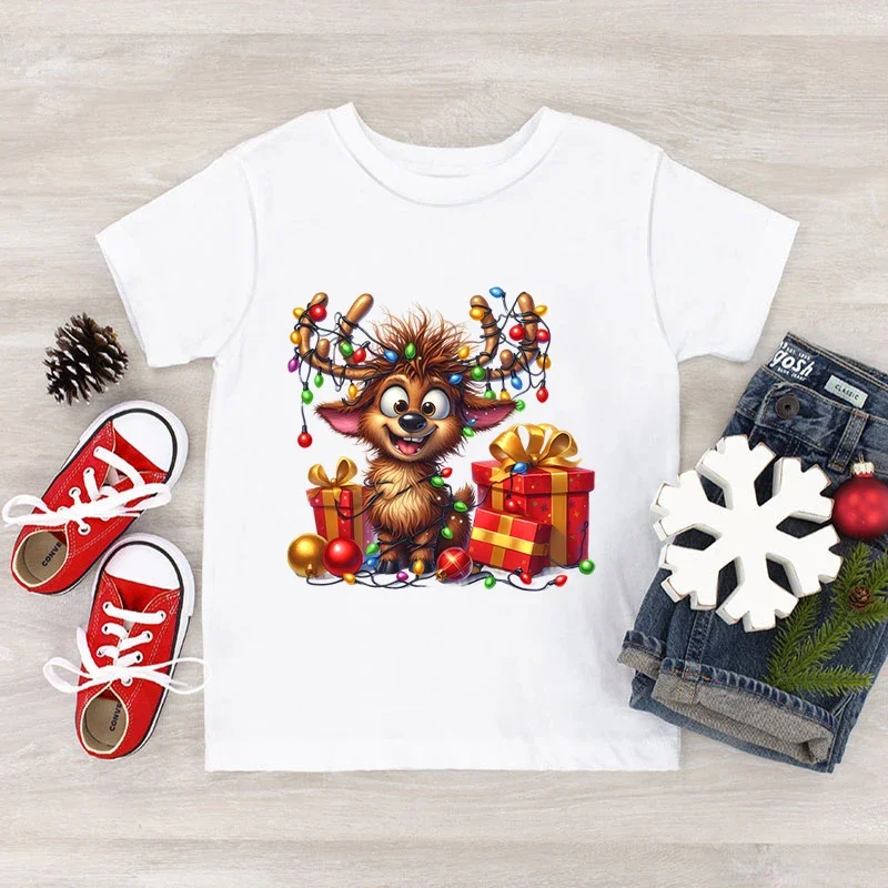 Cute Elk Deer Print Boys Girls Christmas T-shirts Fashion Short Sleeve Tops Cartoon Elk Deer Lamp String Xmas Gift Kids Tshirt