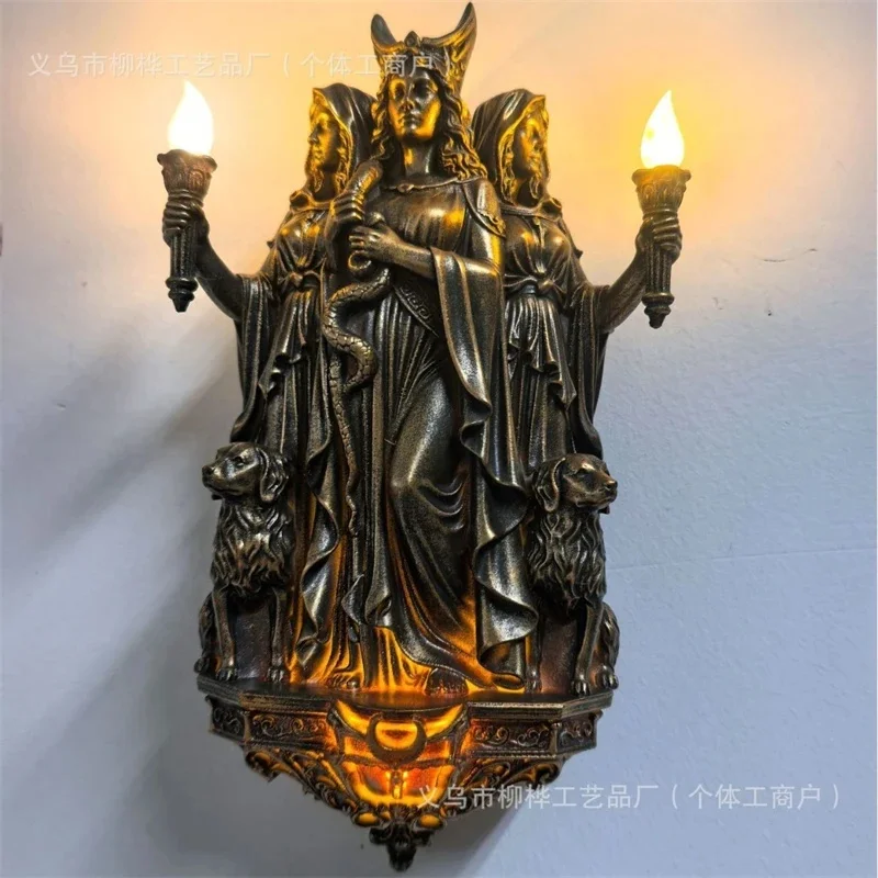Hecates Triple Goddess Gothic Wall Sconce Retro 3D Carved Bronze Resin Wall Lamp For Bedroom Living Room Halloween Home Decor