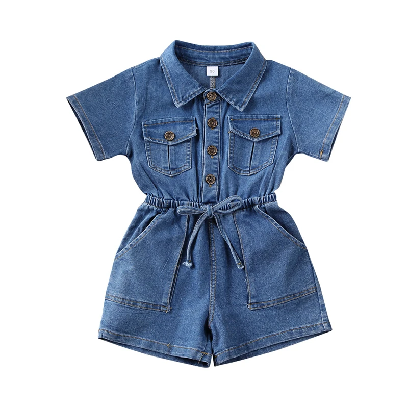 Denim Romper for Girls Turn Down Collar Single Breasted High Waist Shorts Jumpsuit with Pockets Toddler Baby Clothes Streetwear