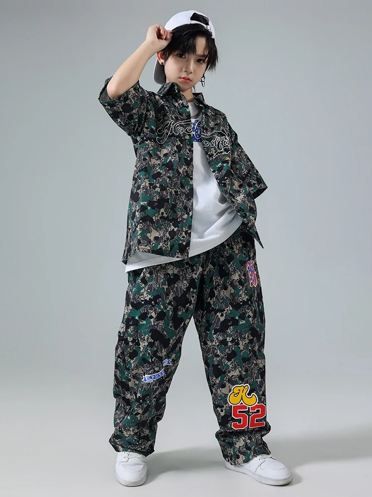 Disfraz de baile de Hip Hop para niños, abrigo de camuflaje suelto de manga corta, pantalones, ropa de actuación de baile callejero, ropa de tambor, BL13002