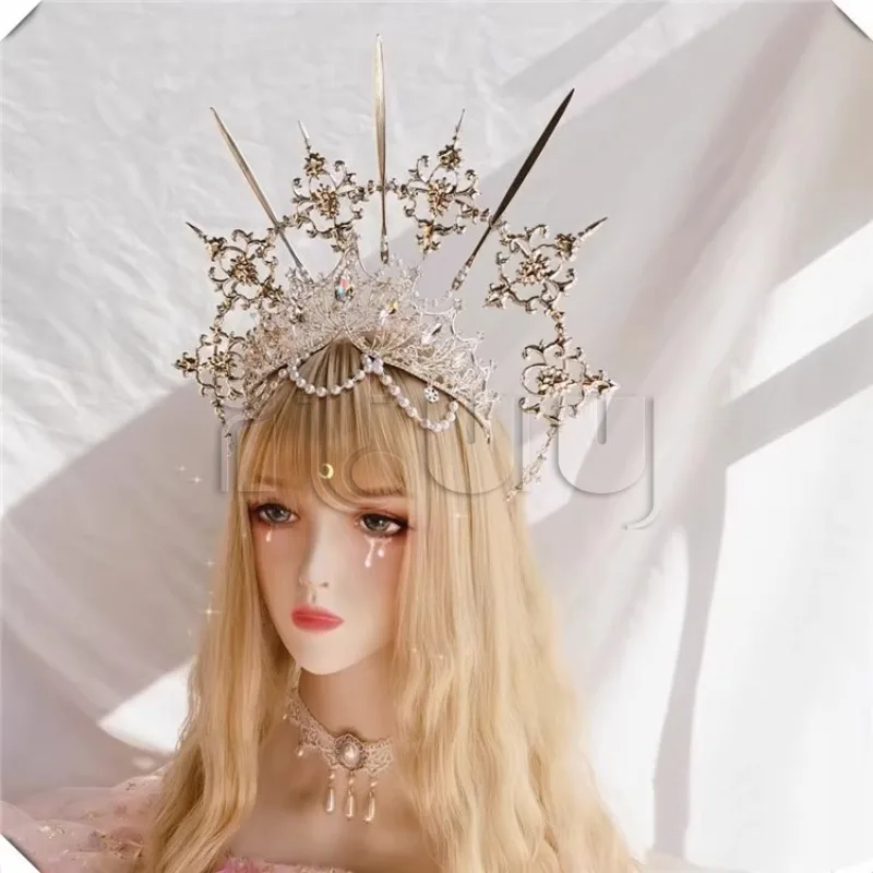 KC Halo couronne Lolita déesse du soleil vierge marie à pointes Halo mariée couronne casque Halloween Costume accessoires Baroque chapeaux