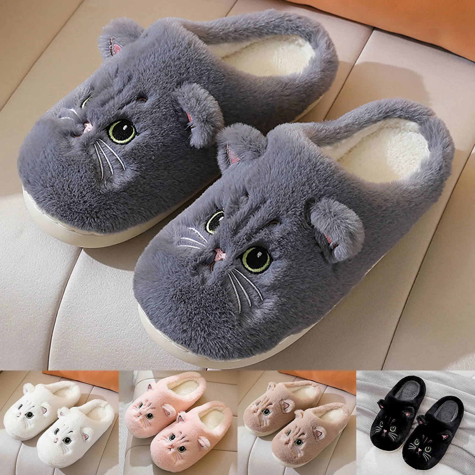 Cute Cat Slippers Fluffy Furry Women Home Platform Slippers Men Winter Plush Slides Indoor Fuzzy Slippers Lovely Cotton Shoes