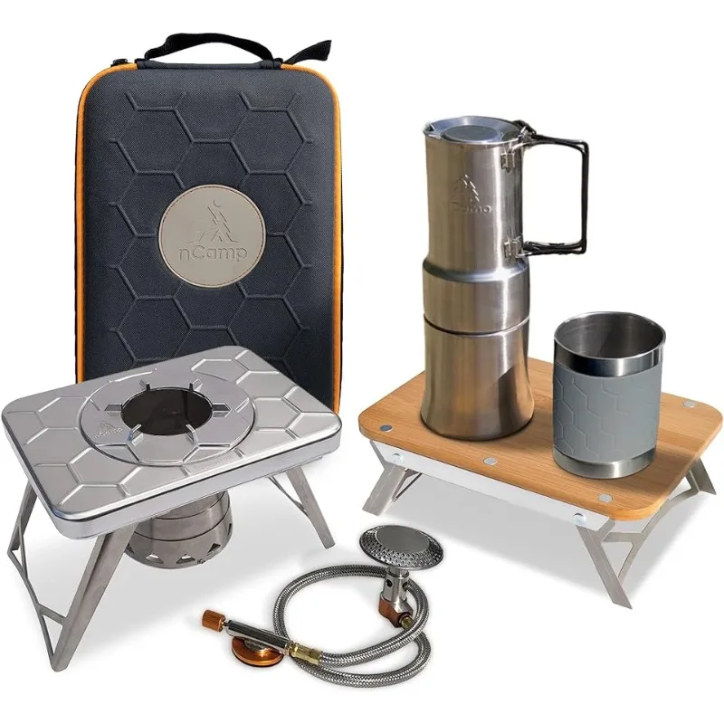 

Kitchen to Go 5 Piece Bundle, Portable Compact Multi-Fuel Burning Camping Stove, ISO Propane Adapter, Elevated Bamboo Cutting